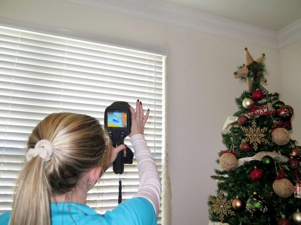 Stacie Putnam using infrared gun to find water leaks.